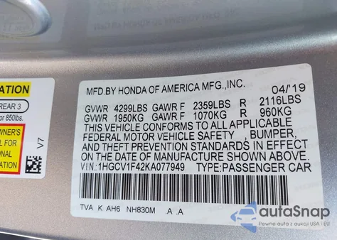 2019 Honda Accord Ex из США, поврежденный, VIN 1HGCV1F42KA077949